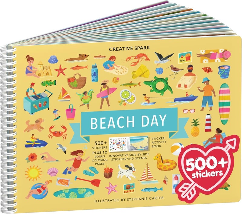 CUPKIN Sticker Book for Kids 2-4, 500+ Kids Stickers, Beach Day 12 Coloring Pages 12 Side by Side Scenes, Fun Toddler Travel Activity Coloring and Sticker Books for Children Ages 4-8 + 8-10 - Image 1